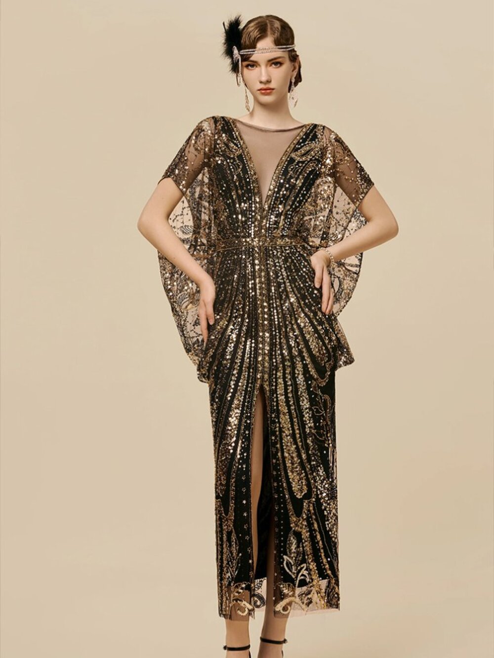 1920s Flapper Batwing Sleeve Sequin Evening Gown - Picture 2 of 10